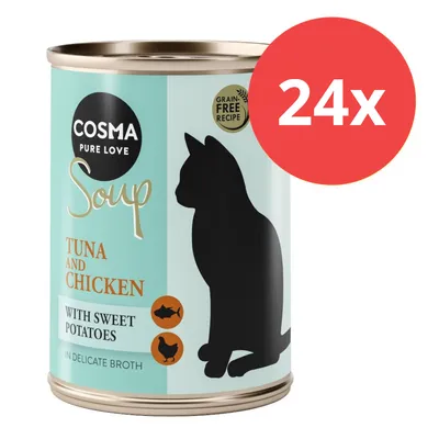 Cosma Pure Love Soup, receta sin cereales, atún y pollo con batatas en caldo suave. El envase muestra una silueta de gato negro. Tamaño: 24 latas.