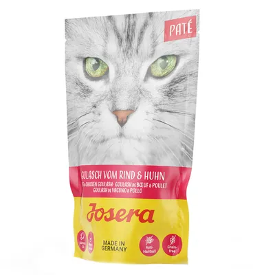 Josera Paté Gulasch vom Rind & Huhn, Anti-Hairball, Grain-free, Made in Germany. Verpackung mit Katzenmotiv.
