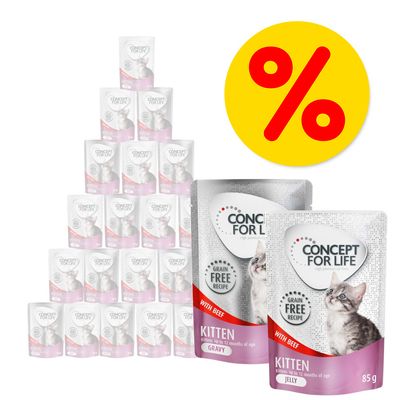 Multipack kapsiček Concept for Life Kitten with Beef, 85 g, varianta Gravy a Jelly, sleva označená žlutým kruhem s červeným procentem.