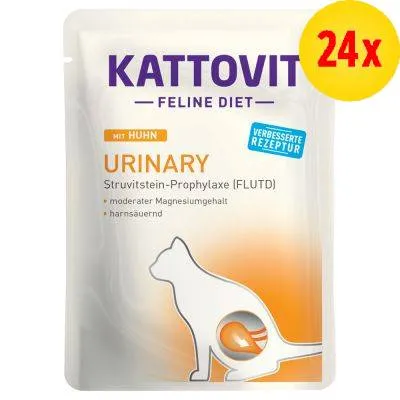KATTOVIT FELINE DIET URINARY med kylling, 24x. Struvitstein-Prophylaxe (FLUTD), moderat magnesiumindhold, urinsyrende. Forbedret receptur synlig på emballagen. KATTOVIT FELINE DIET URINARY med kylling, 24x. Struvitstein-Prophylaxe (FLUTD), moderat magnesiumindhold, urinsyrende. Forbedret receptur synlig på emballagen.