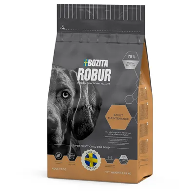 Bozita Robur Adult Maintenance hundefoder, 78 % animal protein, Made in Sweden, 4,25 kg. Synlig tekst: Super Functional Dog Food, Adult Dog, Whole Free Recipe, Sensitive Digestion, 15 %, 27 %.