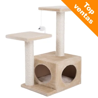 Rascador beige para gatos con dos plataformas, postes de cuerda y cueva cuadrada. Juguete colgante en forma de ratón. Esquina superior derecha: Top ventas.