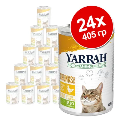 Yarrah BIO-ORGANIC корм для кошек, 24 банки по 405 г. Надпись на упаковке: CHUNKS with nettle & tomato, BIO ORGANIC. Изображение кота на банке.