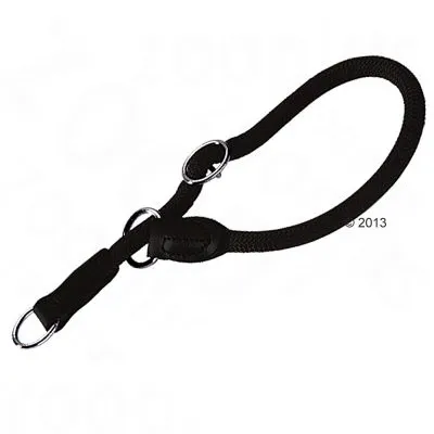 Black rope dog collar with metal rings and leather details, shown on white background. No visible brand or size information. Black rope dog collar with metal rings and leather details, shown on white background. No visible brand or size information.