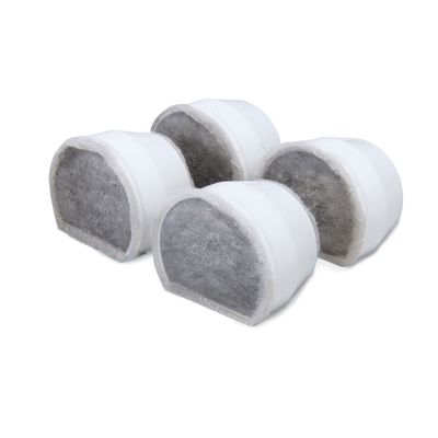 Quatro cartuchos de filtro semicirculares com caixa de plástico branco e material filtrante cinza, dispostos lado a lado.