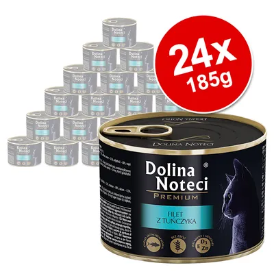 Dolina Noteci Premium, filet van tonijn, kattenvoer. Verpakking met 24 blikken van 185g. Graanvrij, met vitamine D3 en zink.