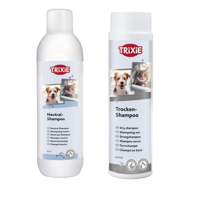 TRIXIE Neutral-Shampoo oraz TRIXIE Trocken-Shampoo. Widoczne zdjęcia psa i kota na opakowaniach, czerwone kółko z symbolem procenta oznaczającym promocję.
