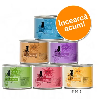 Conserve pentru pisici catz finefood N°3, N°5, N°7, N°9, N°11, N°13, diverse culori. Text vizibil: „Încearcă acum!” pe un cerc portocaliu.