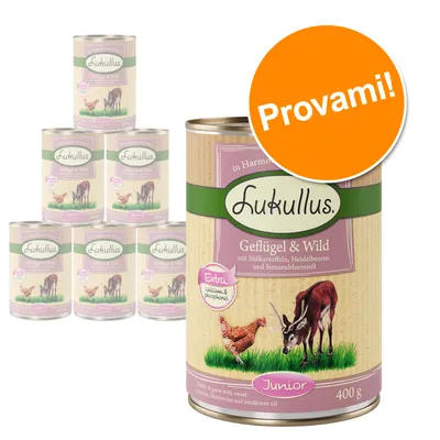 6 lattine Lukullus Geflügel & Wild Junior 400 g, con testo visibile: Extra Calcium & Phosphorus, Provami!, ingredienti in tedesco e inglese sulla confezione.