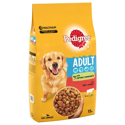 Bag labelled Adult with natural ingredients, beef and vegetables, showing kibble pieces and icons for health benefits. Weight 12kg. 100% complete.