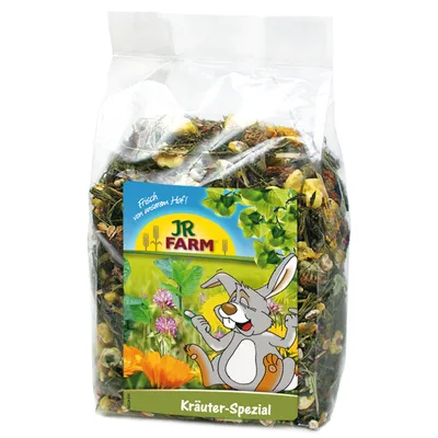 Bag of JR Farm Kräuter-Spezial showing dried herbs and flowers with illustrated rabbit and plants on the label. Bag of JR Farm Kräuter-Spezial showing dried herbs and flowers with illustrated rabbit and plants on the label.