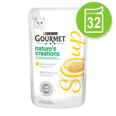 Purina Gourmet Nature's Creations, caldo delicioso con pollo natural, sin aditivos. Símbolo verde con el número 32.