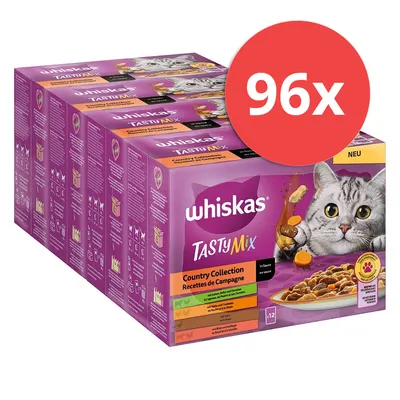 Whiskas Tasty Mix Country Collection en salsa, 96 sobres. Nuevo. Recetas con verduras y carne. El envase muestra un gato y un cuenco con comida.