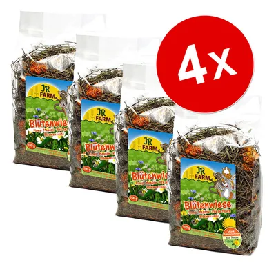Lot de 4 sachets JR Farm Blütenwiese, pré de fleurs, 100 g chacun. Étiquette visible avec texte en allemand et anglais, illustration d’herbes et de rongeur.