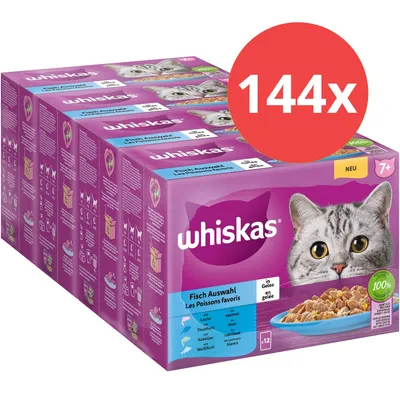 Whiskas Fisch Auswahl w galarecie, 144 saszetki dla kotów od 7 lat. Smaki: łosoś, tuńczyk, dorsz, białoryb. 100% zbilansowane składniki.