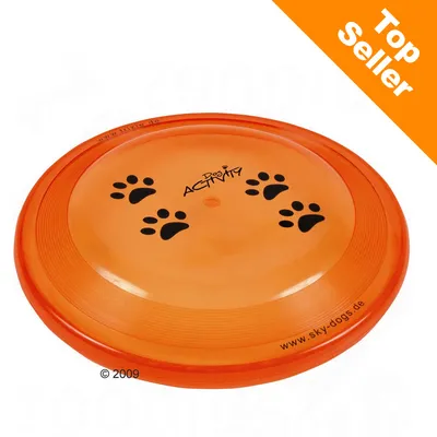 Oranžový disk s nápisem Dog Activity, čtyřmi černými tlapkami a webovou adresou www.sky-dogs.de. Označení Top Seller v pravém horním rohu.