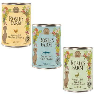 Sparpaket Rosie's Farm Adult 24 x 400 g Mix 2 (Huhn & Truthahn, Fisch & Huhn, Wild & Fasan)