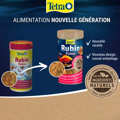 Tetra Rubin Flakes avec une nouvelle formule, un nouveau design et un nouvel emballage. Sans conservateurs ajoutés, sans colorants, avec des ingrédients naturels. Tetra Rubin Flakes avec une nouvelle formule, un nouveau design et un nouvel emballage. Sans conservateurs ajoutés, sans colorants, avec des ingrédients naturels.