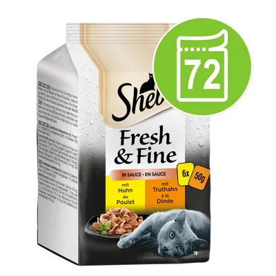 Sheba Fresh & Fine in salsa, 6x50g, con pollo e tacchino. Icona verde con numero 72 su confezione. Immagine di un gatto grigio e ciotola con bocconcini. Sheba Fresh & Fine in salsa, 6x50g, con pollo e tacchino. Icona verde con numero 72 su confezione. Immagine di un gatto grigio e ciotola con bocconcini.