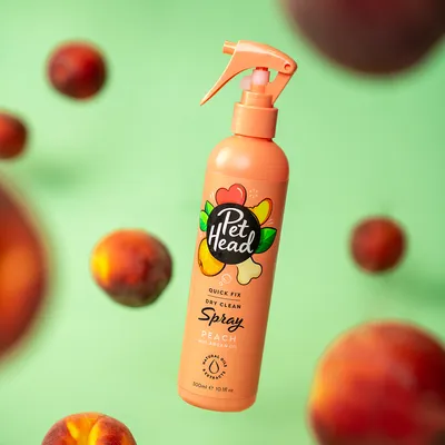 Pet Head Quick Fix Dry Clean Spray Peach med arganolie, 300 ml. Naturlig olieekstrakt, duft af fersken.