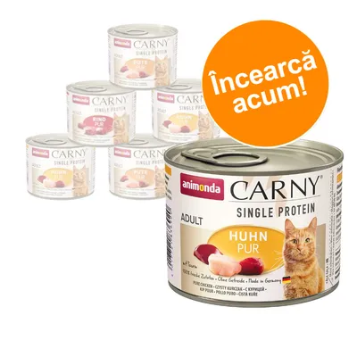 Conserve animonda Carny Single Protein pentru pisici adulte, sortimente vizibile: Huhn Pur, Pute Pur, Rind Pur. Text portocaliu: Încearcă acum!