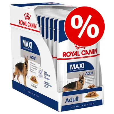 Pachet Royal Canin Maxi Adult, hrană umedă pentru câini de talie mare, cu imagine câine ciobănesc german și simbol reducere procentuală pe fundal roșu. Text vizibil: Adult, MAXI.