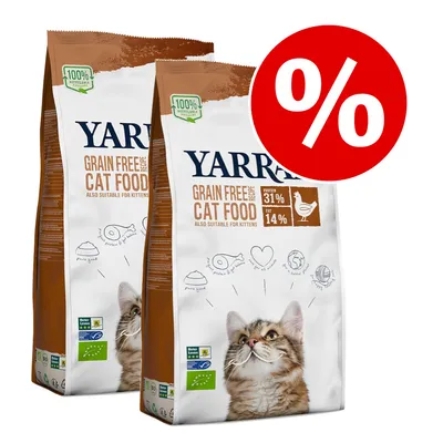 To poser YARRA Grain Free Cat Food, 100 % recyclable, protein 31 %, fedt 14 %, egnet til killinger. Rød procenttegn indikerer tilbud.