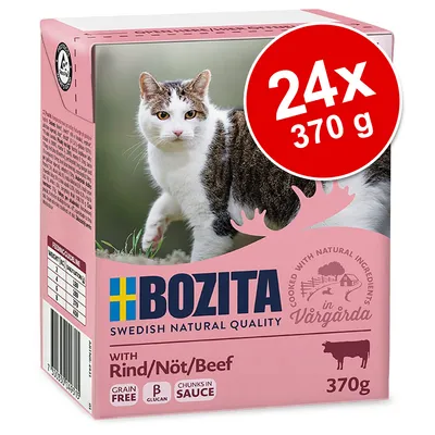 Pachet 24x370 g Bozita hrană umedă pentru pisici, cu vită. Text vizibil: Swedish Natural Quality, Grain Free, β Glucan, Chunks in Sauce, Rind/Nöt/Beef, 370g.