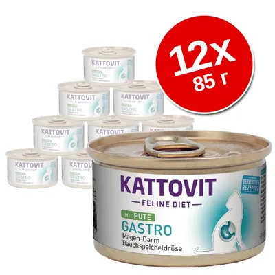 Набор из 12 банок по 85 г Kattovit Feline Diet Gastro mit Pute. Видна надпись: Magen-Darm Bauchspeicheldrüse. На упаковке изображён силуэт кошки.