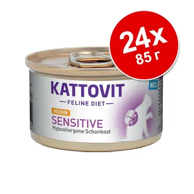 Консерва Kattovit Feline Diet Sensitive Huhn, 24×85 г. Видим текст: Hypoallergene Schonkost. Опаковка с изображение на котка.