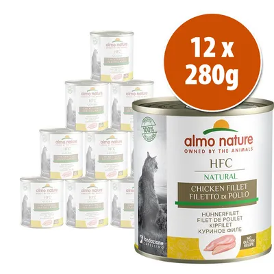 12 latas de 280 g de Almo Nature HFC Natural Chicken Fillet para gatos, texto visível: '100% natural', 'no gluten recipe', imagem de um gato na embalagem. 12 latas de 280 g de Almo Nature HFC Natural Chicken Fillet para gatos, texto visível: '100% natural', 'no gluten recipe', imagem de um gato na embalagem.