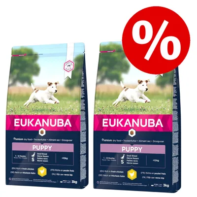 Zwei Eukanuba Puppy Trockenfutter-Packungen für kleine Rassen, reich an frischem Huhn, 3 kg, mit großem Prozentzeichen für Rabattaktion. Zwei Eukanuba Puppy Trockenfutter-Packungen für kleine Rassen, reich an frischem Huhn, 3 kg, mit großem Prozentzeichen für Rabattaktion.