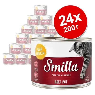 Smilla Beef Pot with Chicken, 24×200 г консерви за котки. Видими надписи: Contains taurine, Grain-free recipe, Made in Germany.