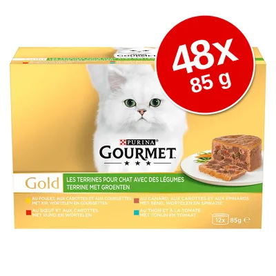 Cutie Purina Gourmet Gold, 48x85g, terrine pentru pisici cu legume. Vizibil: sortimente pui, rață, vită, ton, fiecare cu legume diferite. Text principal în franceză și olandeză.