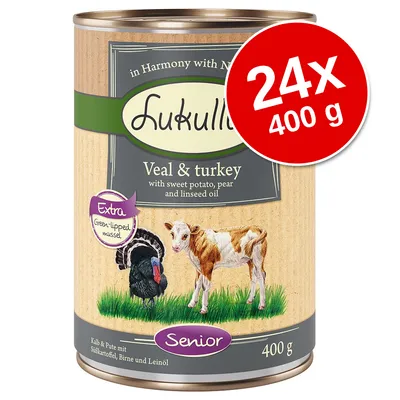 Lukullus Veal & turkey, Senior, 24x400 g. Vidno: Extra Green-lipped mussel, s sladkim krompirjem, hruško in lanenim oljem. Na embalaži slika purana in teleta.