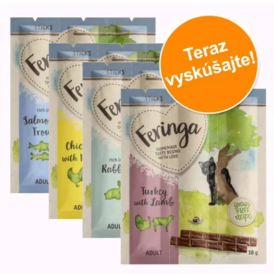 Feringa Sticks pre dospelé mačky, príchute Salmon with Trout, Chicken with Rabbit, Rabbit, Turkey with Lamb. Viditeľný nápis: Teraz vyskúšajte! a grain free recipe. Feringa Sticks pre dospelé mačky, príchute Salmon with Trout, Chicken with Rabbit, Rabbit, Turkey with Lamb. Viditeľný nápis: Teraz vyskúšajte! a grain free recipe.