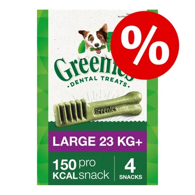 Greenies Dental Treats, LARGE 23 KG+, 150 kcal/snack, 4 snacks. Simbol promoțional procent roșu în colțul dreapta sus.