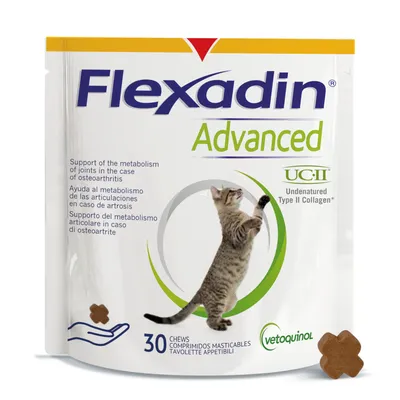 Flexadin Advanced UC-II, 30 bouchées pour chats. Texte visible : support du métabolisme articulaire en cas d’ostéoarthrite. Marque Vetoquinol. Image d’un chat debout.