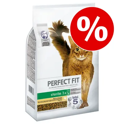 Perfect Fit Sterile 1+ hrană uscată pentru pisici, imagine cu o pisică și simbol de reducere procentuală pe ambalaj. Text vizibil: total 5, Rich in Chicken.