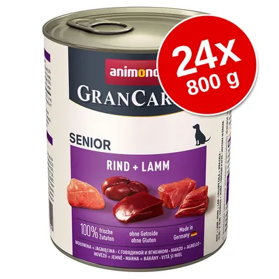 Conservă Animonda GranCarno Senior Rind + Lamm, 24x800g. Text vizibil: 100% frische Zutaten, ohne Getreide ohne Gluten, Made in Germany. Imagine carne pe etichetă. Conservă Animonda GranCarno Senior Rind + Lamm, 24x800g. Text vizibil: 100% frische Zutaten, ohne Getreide ohne Gluten, Made in Germany. Imagine carne pe etichetă.