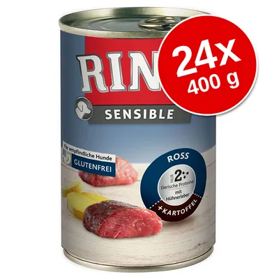 Conservă Rinti Sensible Ross + Kartoffel, 24x400 g. Text vizibil: glutenfrei, nur 2 tierische Proteine mit Hühnerleber, für empfindliche Hunde. Conservă Rinti Sensible Ross + Kartoffel, 24x400 g. Text vizibil: glutenfrei, nur 2 tierische Proteine mit Hühnerleber, für empfindliche Hunde.