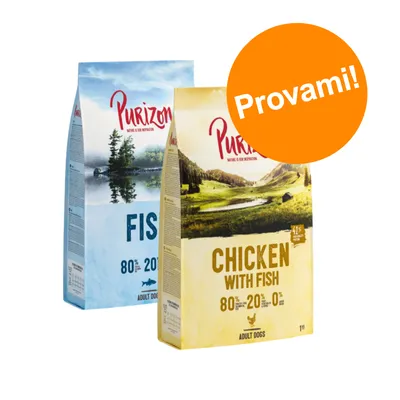 Due confezioni di Purizon per cani adulti: una con scritta 'FISH 80% 20%' e una 'CHICKEN WITH FISH 80% 20% 0%', bollino arancione con testo 'Provami!'.