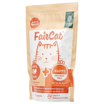 Opakowanie FairCat Happy Anti Hairball, Green Petfood. Widoczne napisy: Made in Germany, 100% Fair, Gut für die Katze, Grainfree, Leinöl & Flohsamenschalen. Opakowanie FairCat Happy Anti Hairball, Green Petfood. Widoczne napisy: Made in Germany, 100% Fair, Gut für die Katze, Grainfree, Leinöl & Flohsamenschalen.