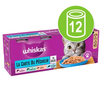 Whiskas La Carte Du Pêcheur en gelée, assortiment au saumon, cabillaud, truite, poissons blancs, lot de 12 boîtes. Image d’un chat et d’une assiette de nourriture sur l’emballage.