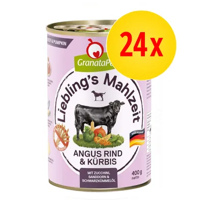 GranataPet Liebling's Mahlzeit Angus Rind & Kürbis, 24x400g, con zucchine, olio di semi di cumino nero e olivello spinoso. Testo in tedesco sull'etichetta.