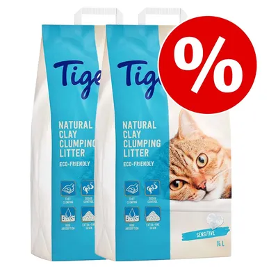 Tigerino Natural Clay Clumping Litter Sensitive, 2 db 14 l-es csomag, akciós jelzéssel. Feliratok: fast clumping, odour control, high absorption, extra-fine grain, eco-friendly.