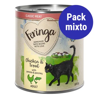 Lata de comida para gatos Feringa Classic Meat, Chicken & Trout with potato & parsley, Adult, 800 g. Etiqueta: Pack mixto.