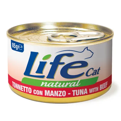 Boîte Life Cat natural 85 g, tonnetto con manzo – tuna with beef. Texte visible en italien et anglais sur l’étiquette.