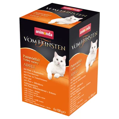 Animonda Vom Feinsten Adult pulykaválogatás, 6x100g. Fajták: pulyka + nyúl, pulykaszív, pulyka paradicsomszószban, pulyka + tejmag, pulyka + csirkemell + fűszerek.