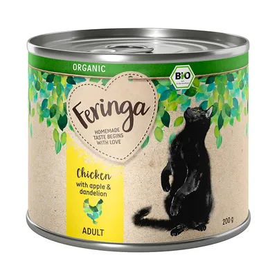 Feringa Organic, Chicken with apple & dandelion, ADULT, boîte 200 g. Texte anglais : Homemade taste begins with love. Illustration de chat noir et feuilles vertes. Label Bio visible.